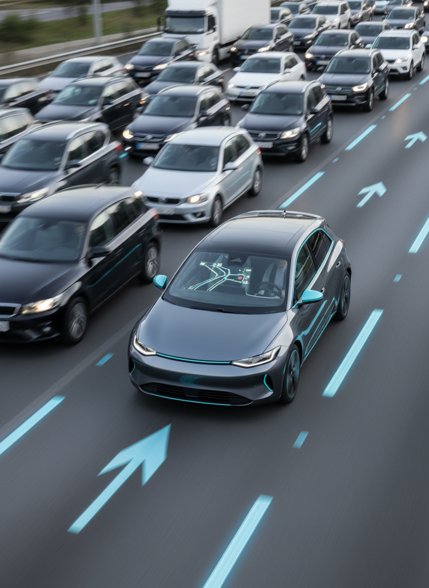 A sleek slate-gray electric hatchback with bright cyan trim effortlessly gliding through a dedicated smart traffic lane, while the adjacent lanes are filled with a dense, slightly blurred line of static vehicles, emphasizing freedom from traffic jams. The EV’s minimalist dashboard and illuminated route display are visible through the windows, suggesting intelligent navigation. Soft overcast daylight creates even, diffused lighting with minimal harsh shadows, reinforcing clarity and focus. Shot from a slightly elevated three-quarter view, the car is sharply in focus while the congested background fades with gentle motion blur. The atmosphere is efficient and forward-thinking, presented in clean photographic realism, with a professional, technology-driven mood suitable for a business site about daily-use electric mobility.